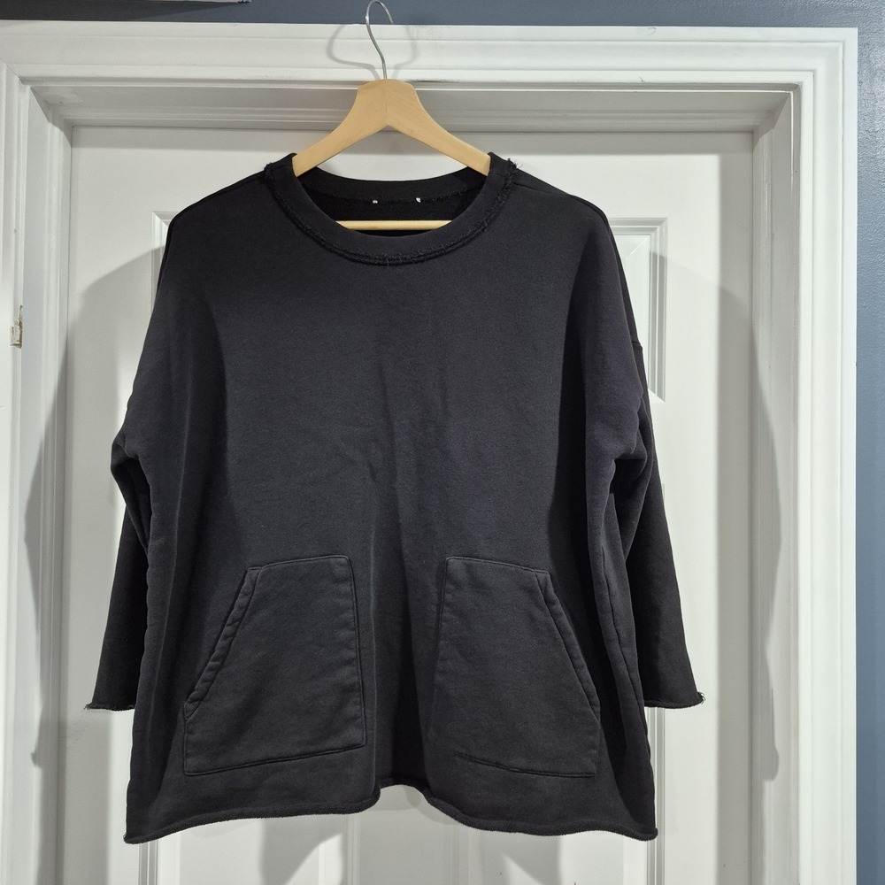 Eileen Fisher Sweatshirt Medium Black Organic Cotton French Terry Lounge Pockets